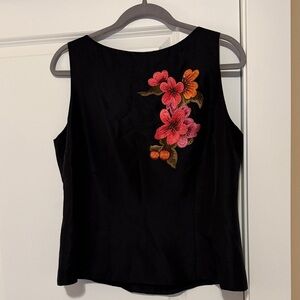 David Warren Black Sleeveless Top with Floral Embroidery